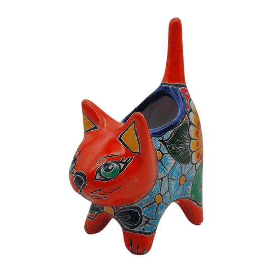Red Talavera cat planter shown at an angle with blue floral body details