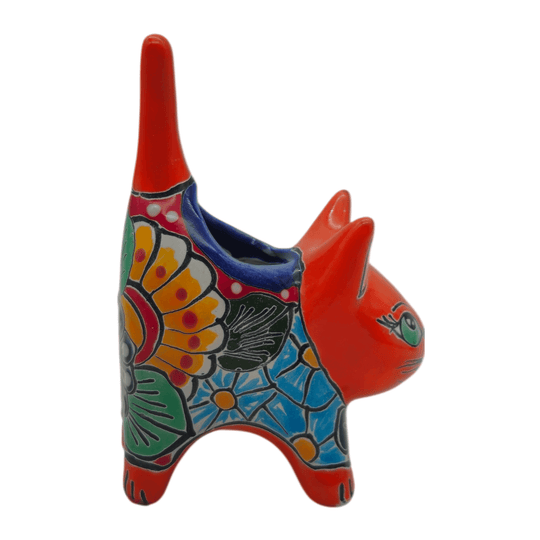 Red Talavera cat planter shown from the side with floral patterns