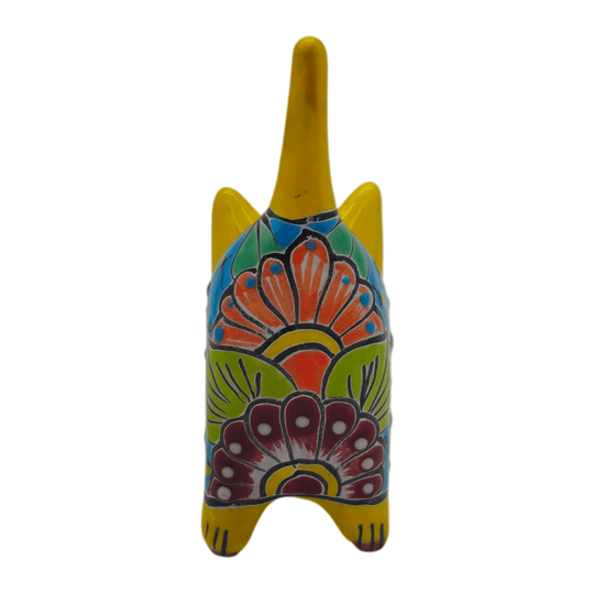 Talavera cat planter rear view with colorful floral pattern