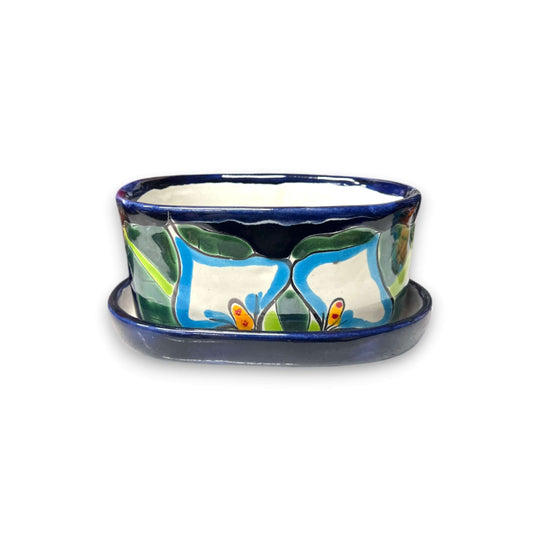 Small Talavera Flower Pot | Colorful Hand-Painted Mexican Planter - hand-painted blue floral oval planter with saucer