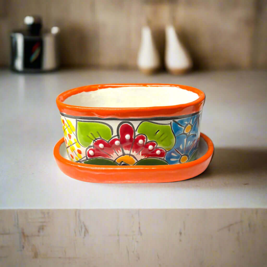 Small Talavera Flower Pot | Colorful Hand-Painted Mexican Planter on countertop, vibrant hand-painted floral ceramic planter