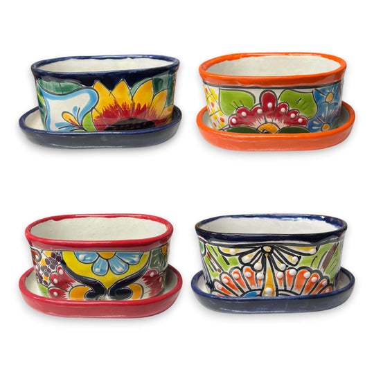Small Talavera Flower Pot | Colorful Hand-Painted Mexican Planter - four hand-painted small Talavera planters with saucers, vibrant floral designs
