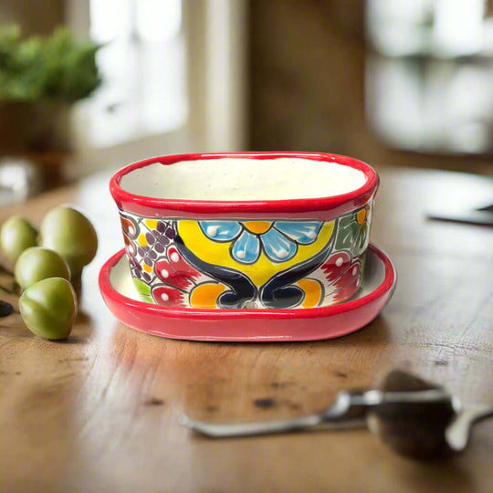 Small Talavera Flower Pot | Colorful Hand-Painted Mexican Planter - handcrafted red-rimmed ceramic planter with blue yellow floral Talavera design