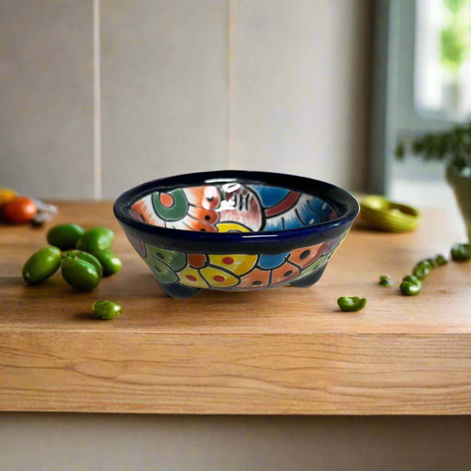 Small Talavera Salsa Bowl | Handmade Mexican Sauce Dish - hand-painted cobalt rim three-legged Talavera salsa bowl from Guanajuato, lead-free glaze