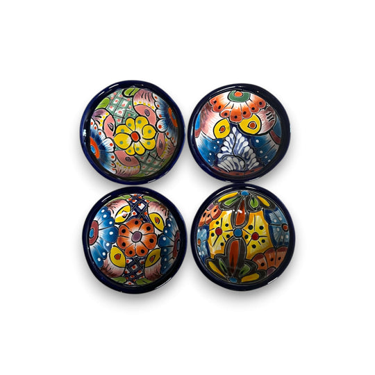 Small Talavera Salsa Bowl | Handmade Mexican Sauce Dish - set of four hand-painted cobalt-rimmed Talavera salsa bowls from Guanajuato, Mexico