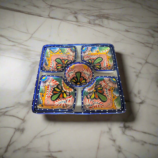 Square Talavera Appetizer Tray | Hand-Painted Mexican Serving Dish - hand-painted blue floral divided square serving tray