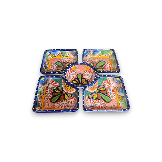 Square Talavera Appetizer Tray | Hand-Painted Mexican Serving Dish - hand-painted five-piece Talavera serving set from Guanajuato, vibrant floral design
