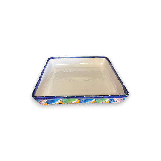 Square Talavera Appetizer Tray | Hand-Painted Mexican Serving Dish - square hand-painted Talavera serving tray with blue rim and colorful side motifs