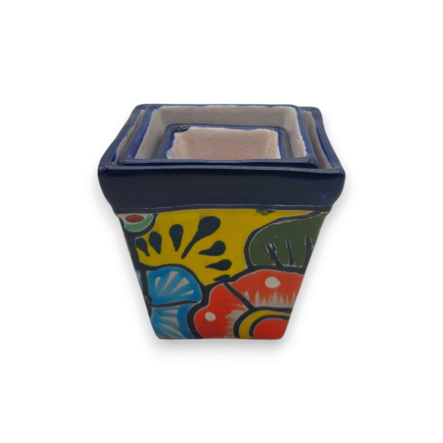 Square Talavera Planter Set | Colorful Mexican Mini Pots (Set of 3) - hand-painted square mini pots with vibrant Talavera floral pattern