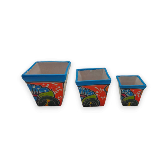 Square Talavera Planter Set | Colorful Mexican Mini Pots (Set of 3) — handmade square Talavera mini pots with bright floral patterns, terracotta rim, set of 3
