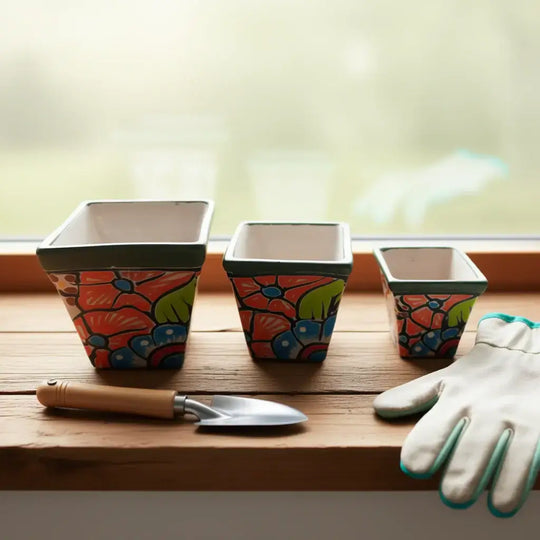 Square Talavera Planter Set | Colorful Mexican Mini Pots (Set of 3) — three hand‑painted square Talavera mini pots with floral patterns on a windowsill