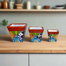 Square Talavera Planter Set | Colorful Mexican Mini Pots (Set of 3) - handmade square Talavera mini pots with terracotta rim and vibrant floral patterns