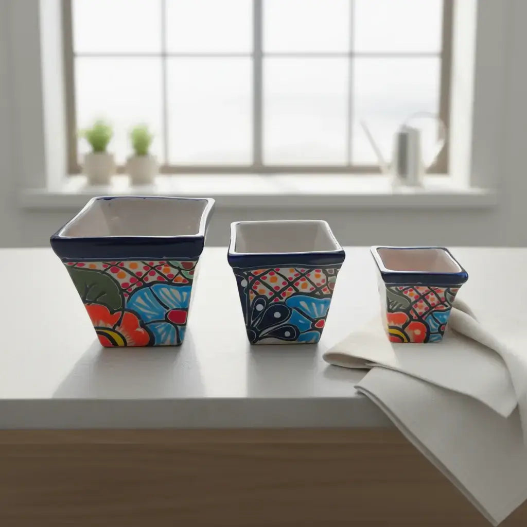Square Talavera Planter Set | Colorful Mexican Mini Pots (Set of 3) hand-painted square terracotta-rimmed mini planters with vibrant Talavera florals