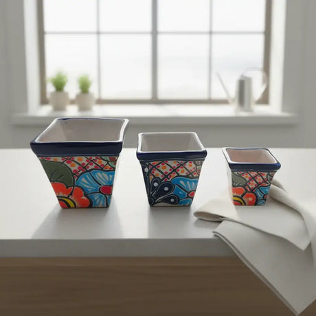 Square Talavera Planter Set | Colorful Mexican Mini Pots (Set of 3) hand-painted square terracotta-rimmed mini planters with vibrant Talavera florals