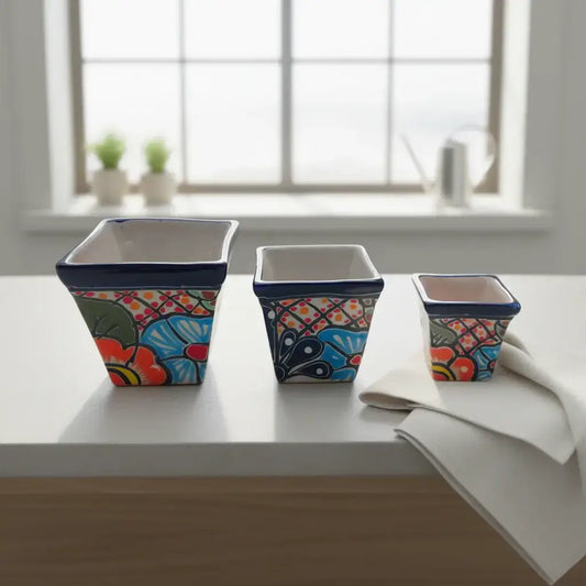 Square Talavera Planter Set | Colorful Mexican Mini Pots (Set of 3) hand-painted square terracotta-rimmed mini planters with vibrant Talavera florals