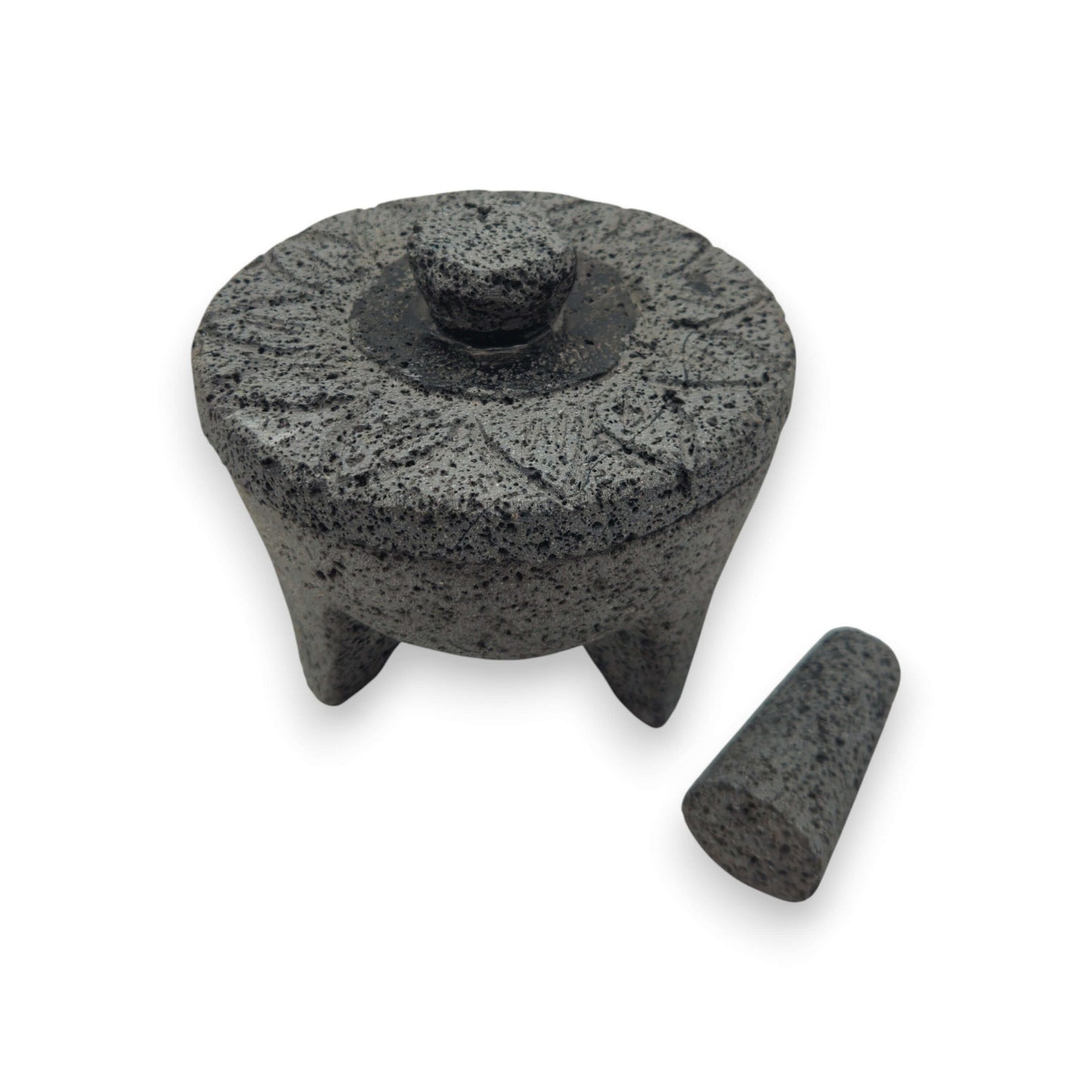 Sunflower Lid Volcanic Molcajete | Mexican Mortar & Pestle hand-carved volcanic stone molcajete with sunflower lid and tejolote
