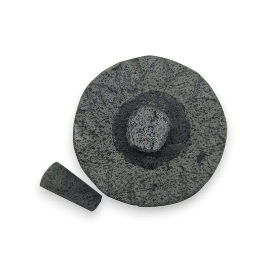 Sunflower Lid Volcanic Molcajete | Mexican Mortar & Pestle hand-carved volcanic stone with sunflower lid and pestle, rustic Mexican kitchenware