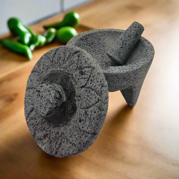 Sunflower Lid Volcanic Molcajete | Mexican Mortar & Pestle hand-carved volcanic stone molcajete with sunflower lid and pestle