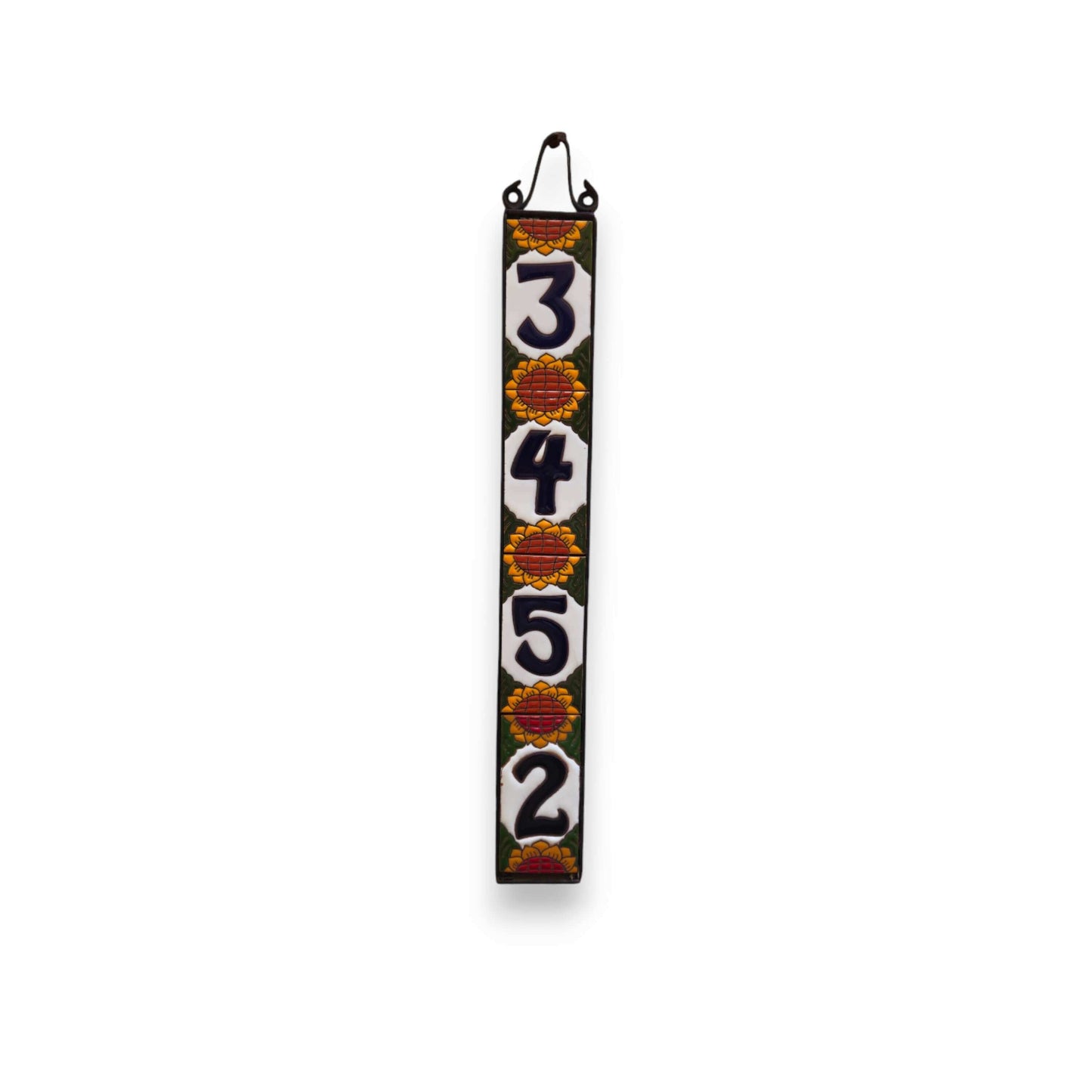 Sunflower Talavera Number Tiles | Mexican Address Art vertical hand-painted sunflower address tile strip 3-4-5-2 with hanger