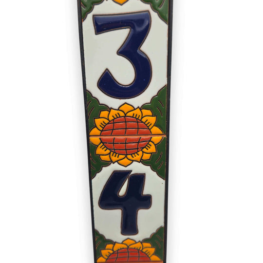 Sunflower Talavera Number Tiles | Mexican Address Art - hand-painted kiln-fired sunflower number tile vertical set showing numbers 3 and 4