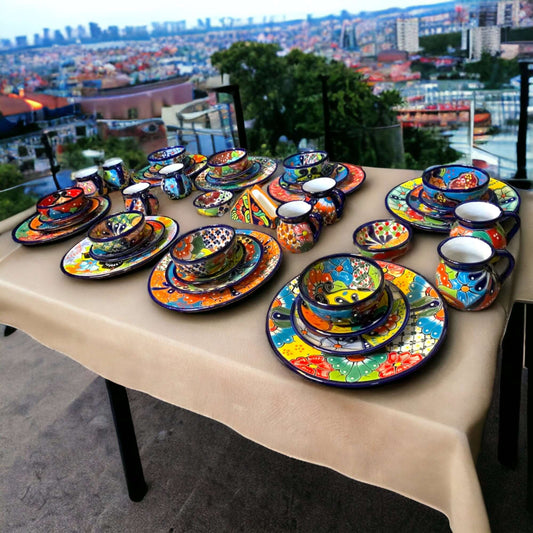 Talavera Dinnerware Set | 51-Piece Floral Tableware for 8 hand-painted colorful Talavera place settings displayed on rooftop table