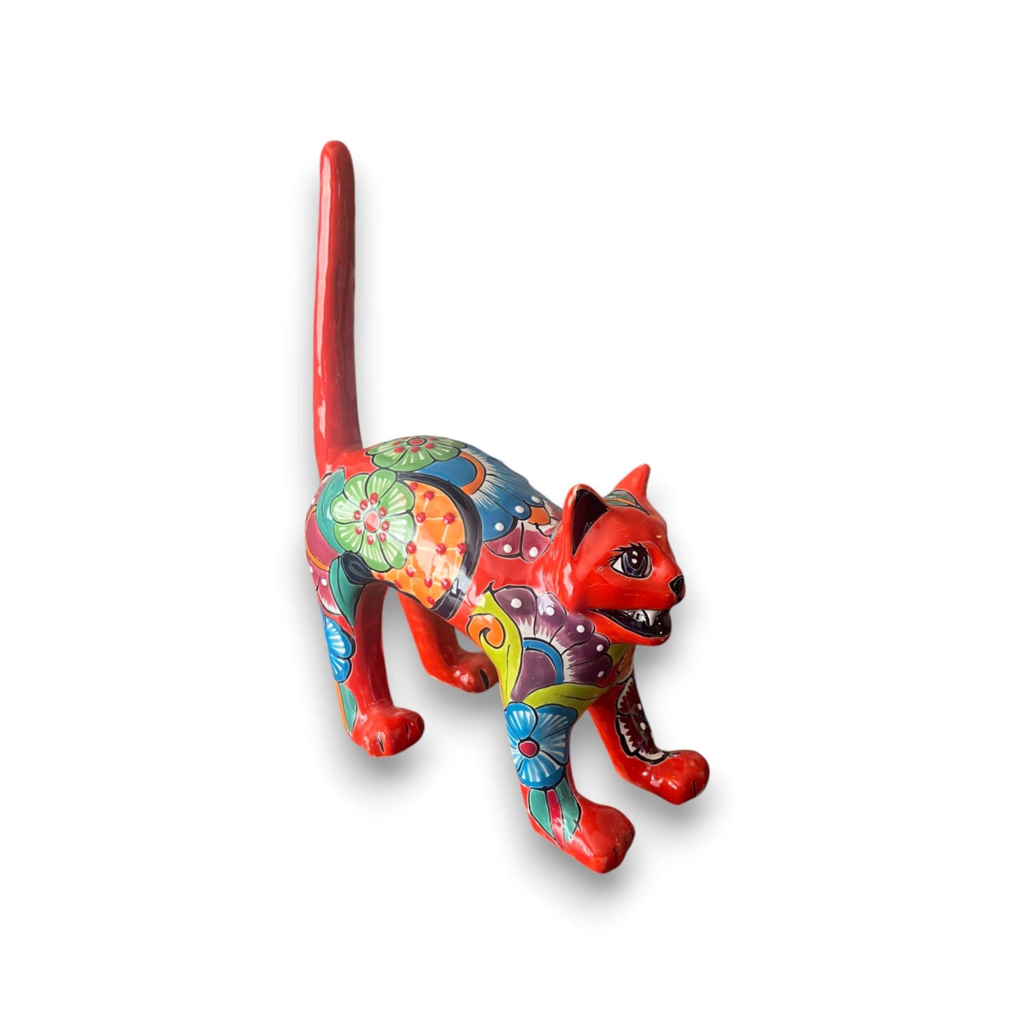 Talavera Arched Cat Statue | Vibrant Mexican Art
