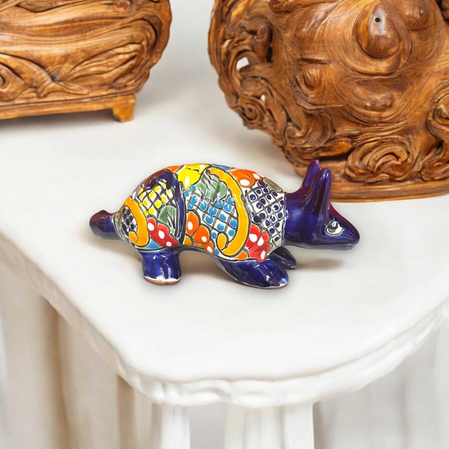 Talavera Armadillo Figurine | Hand-Painted Mexican Decor - bright orange and blue hand-painted ceramic armadillo with floral Talavera patterns