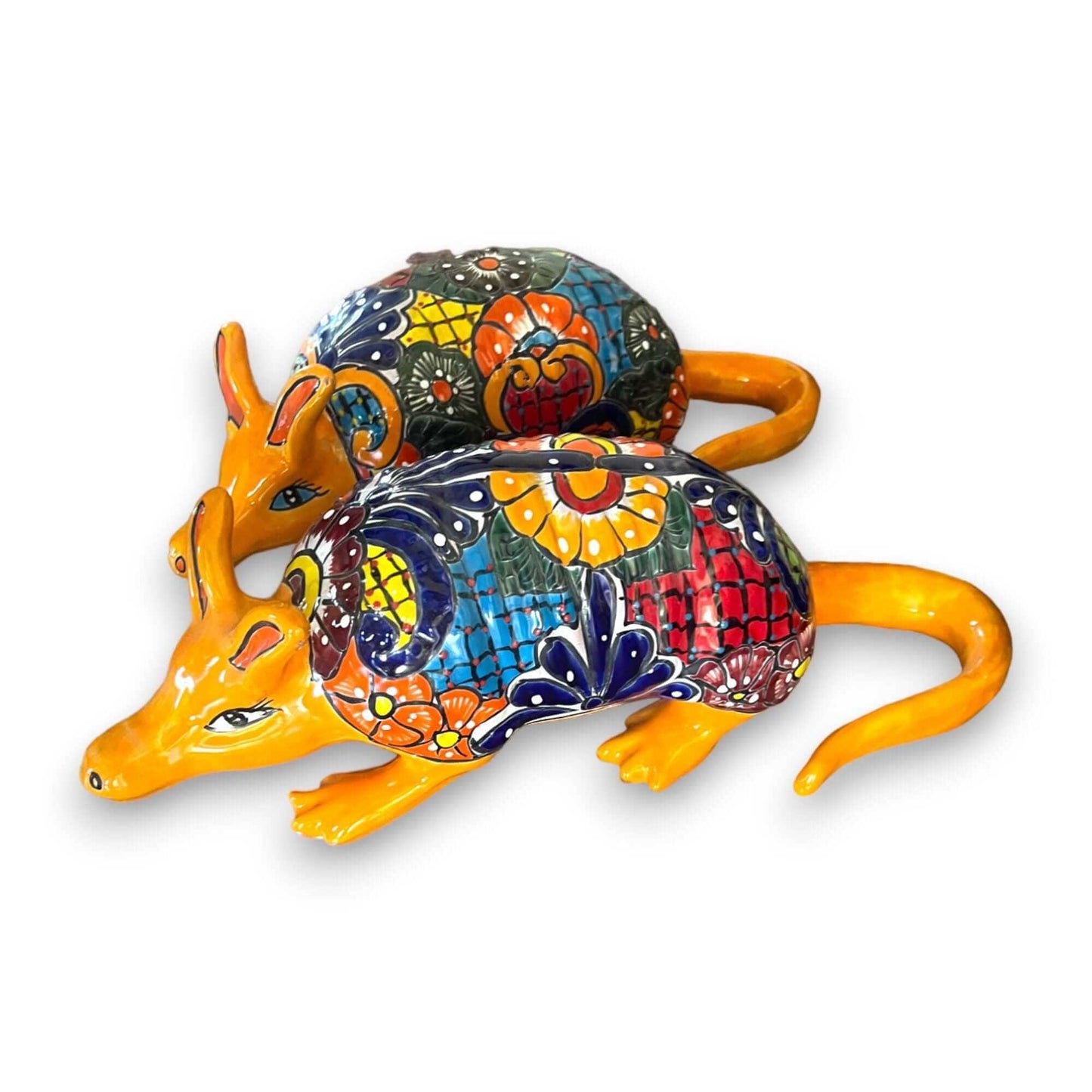 Talavera Armadillo Statue | Hand-Painted Mexican Folk Art Animal - hand-painted multicolor talavera armadillo duo with mosaic floral design