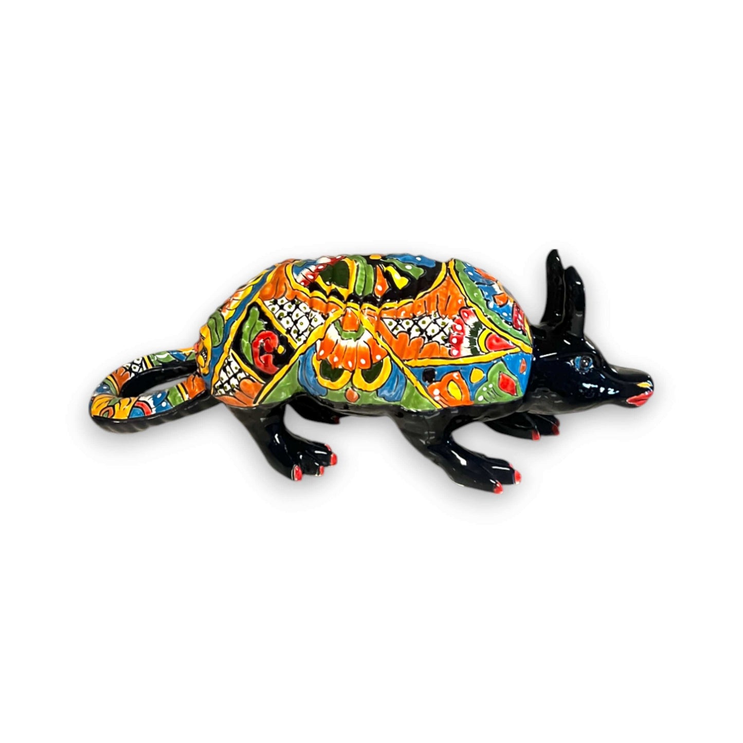 Talavera Armadillo Statue | Hand-Painted Mexican Folk Art Animal - colorful hand-painted Talavera armadillo with multicolor mosaic