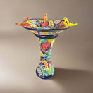 Talavera Bird Bath with Blue Rim | Colorful Mexican Garden Decor - hand-painted kiln-fired bird bath with three orange yellow red ceramic birds