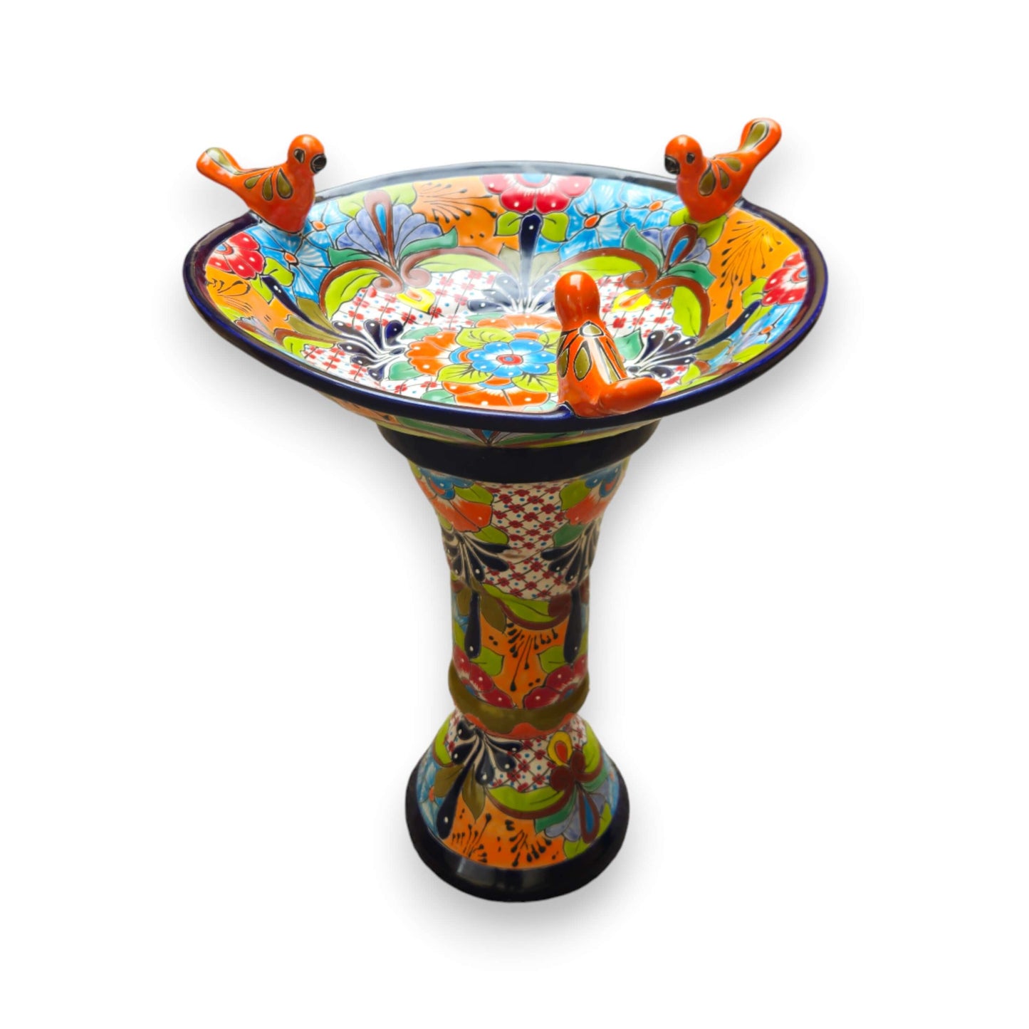 Talavera Bird Bath with Blue Rim | Colorful Mexican Garden Decor - hand-painted kiln-fired bird bath with blue rim and three bright ceramic birds