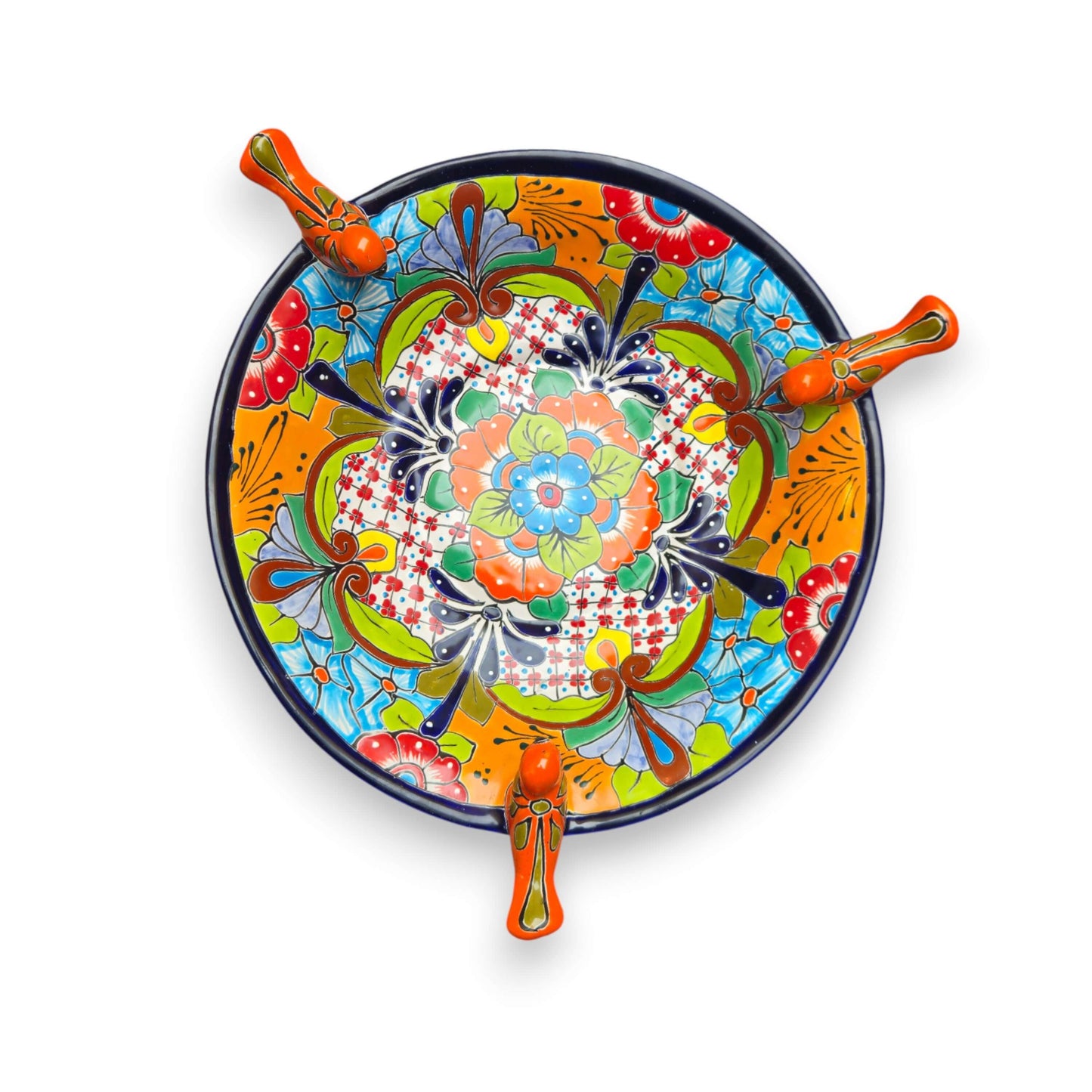 Talavera Bird Bath with Blue Rim | Colorful Mexican Garden Decor hand-painted floral bird bath with three orange ceramic birds, blue rim, kiln-fired lead-free glaze