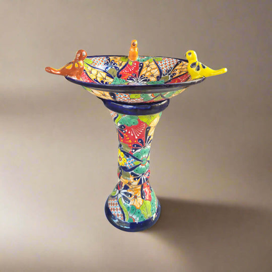 Talavera Bird Bath with Blue Rim | Colorful Mexican Garden Decor - hand-painted kiln-fired bird bath with three orange yellow red ceramic birds