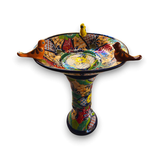 Talavera Bird Bath with Blue Rim | Colorful Mexican Garden Decor hand-painted ceramic bird bath with three bright birds