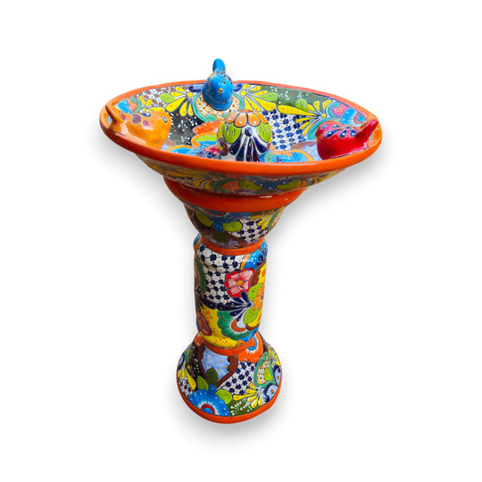 Talavera Bird Bath with Center Ball | Colorful Mexican Garden Art - hand painted floral ceramic pedestal bird bath