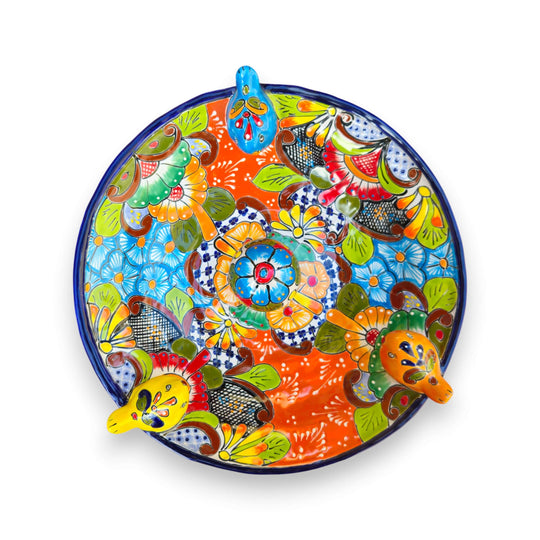 Talavera Bird Bath with Center Ball | Colorful Mexican Garden Art - handpainted floral ceramic bird bath in bright blues, oranges, yellows and greens