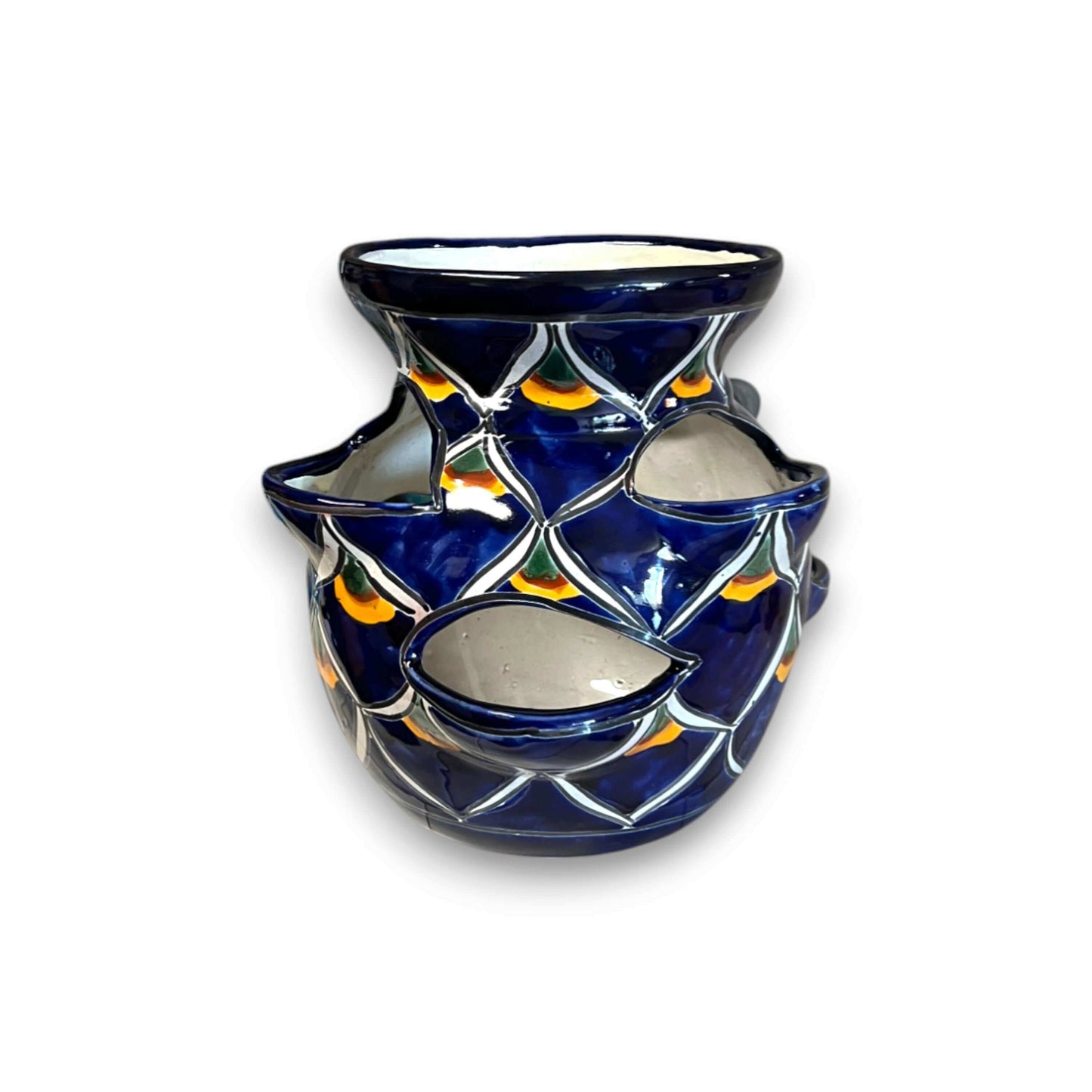 Talavera Strawberry Planter | Blue Peacock Design hand-painted cobalt blue peacock-feather ceramic strawberry planter, kiln-fired lead-free glaze