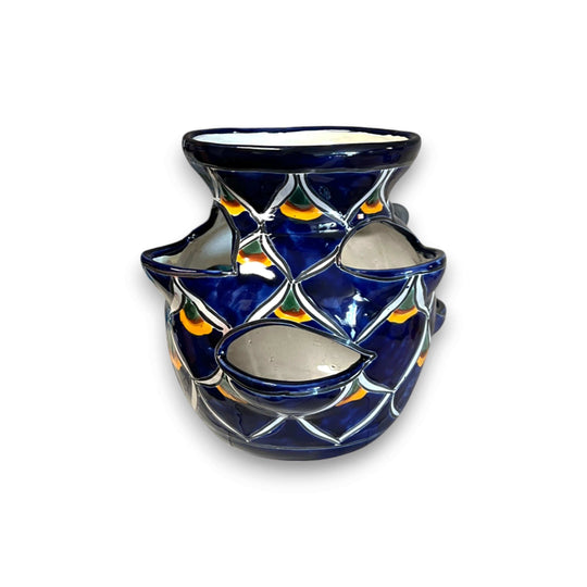 Talavera Strawberry Planter | Blue Peacock Design hand-painted cobalt blue peacock-feather ceramic strawberry planter, kiln-fired lead-free glaze