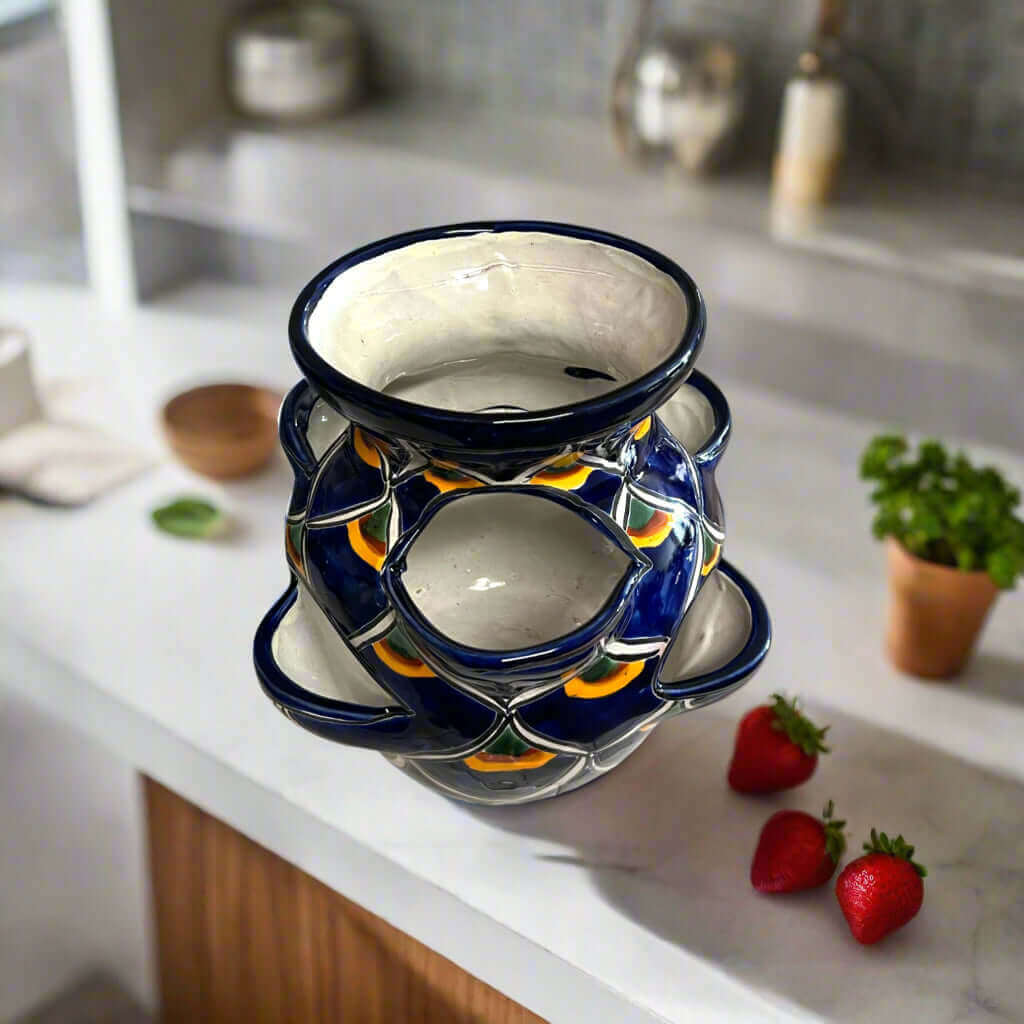 Talavera Strawberry Planter | Blue Peacock Design hand-painted cobalt blue ceramic strawberry planter with peacock-feather pattern
