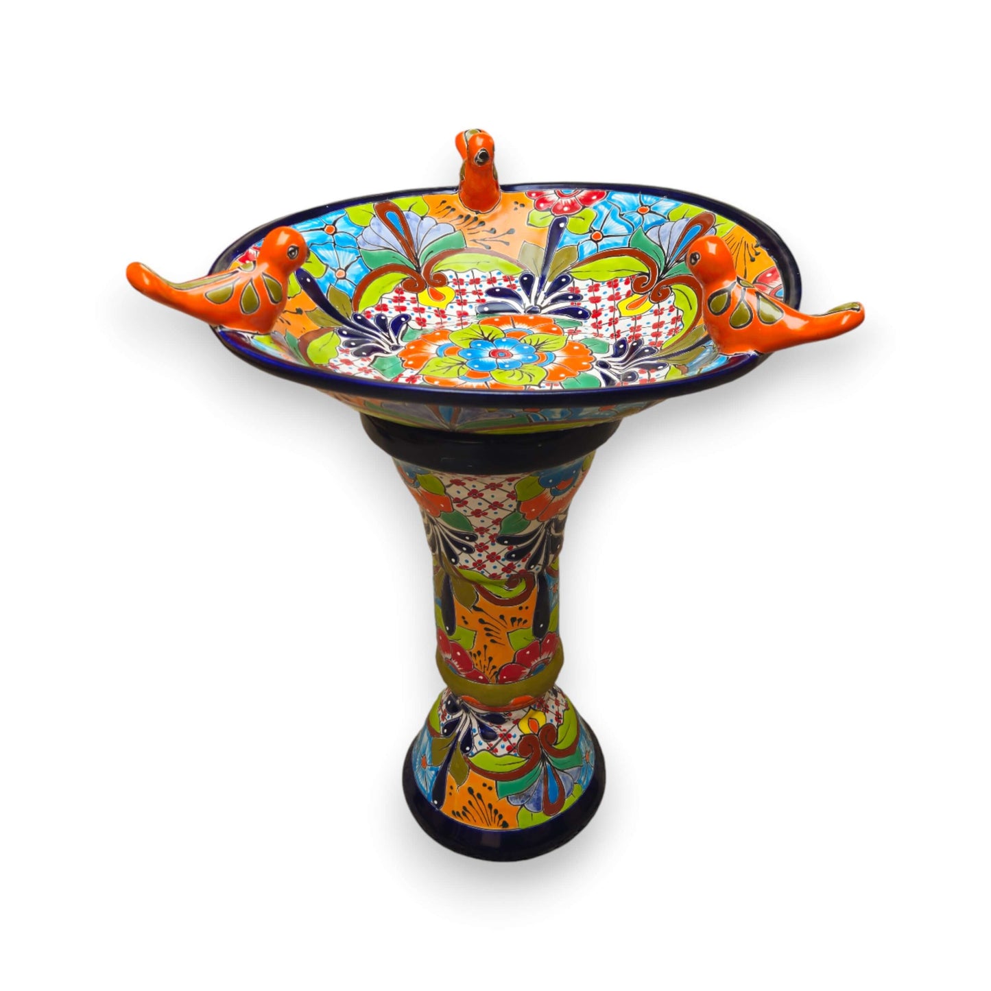 Talavera Bird Bath with Blue Rim | Colorful Mexican Garden Decor - hand-painted kiln-fired bird bath with blue rim and three bright orange ceramic birds