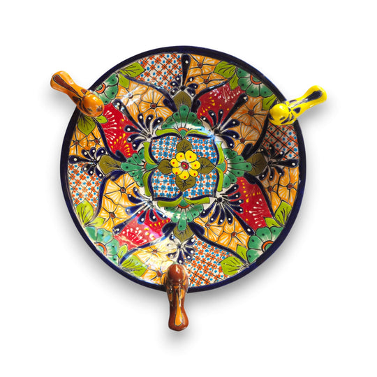 Alt Tag: Talavera Bird Bath with Blue Rim | Colorful Mexican Garden Decor - hand-painted floral bowl with three bright ceramic birds