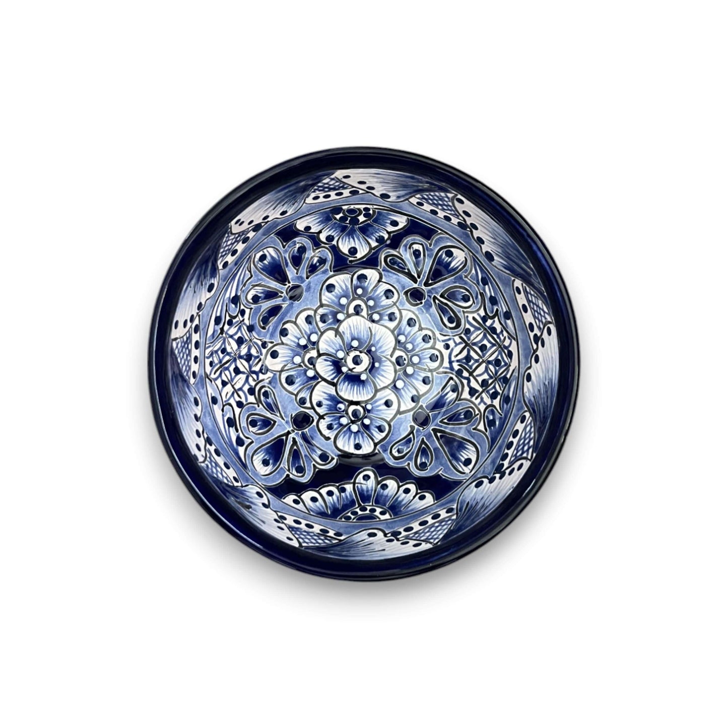 Alt Tag: 5" Talavera Blue & White Bowl | Handmade Mexican Dinnerware - hand-painted blue floral ceramic serving bowl from Guanajuato, lead-free glaze