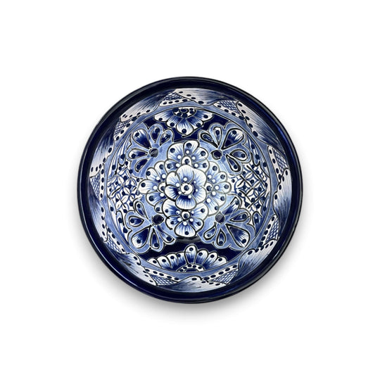 Alt Tag: 5" Talavera Blue & White Bowl | Handmade Mexican Dinnerware - hand-painted blue floral ceramic serving bowl from Guanajuato, lead-free glaze