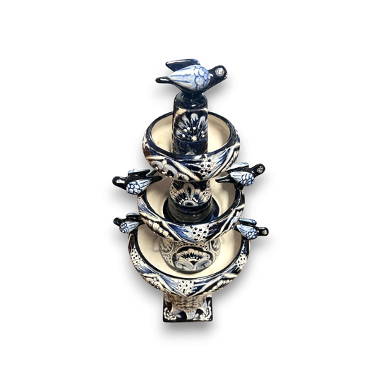 Talavera Blue & White Fountain | Authentic Mexican Ceramic Water Feature - hand-painted tiered ceramic fountain with bird accents