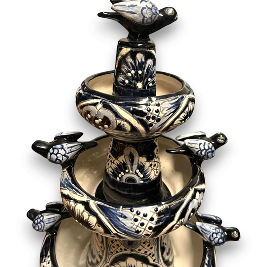 Talavera Blue & White Fountain | Authentic Mexican Ceramic Water Feature - hand-painted tiered ceramic fountain with blue floral motifs and bird accents