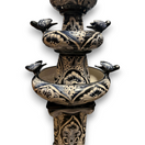 Alt Tag: Talavera Blue & White Fountain | Authentic Mexican Ceramic Water Feature hand-painted tiered ceramic fountain with bird accents