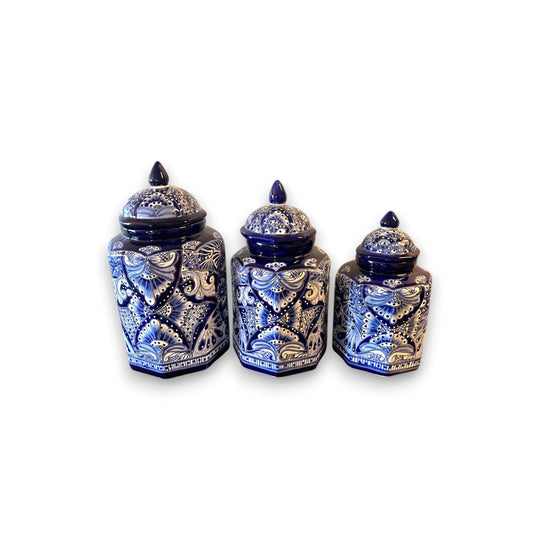 Talavera Blue & White Canister Set | Mexican Handmade Pottery - handcrafted blue and white Talavera three-canister set from Guanajuato, Mexico