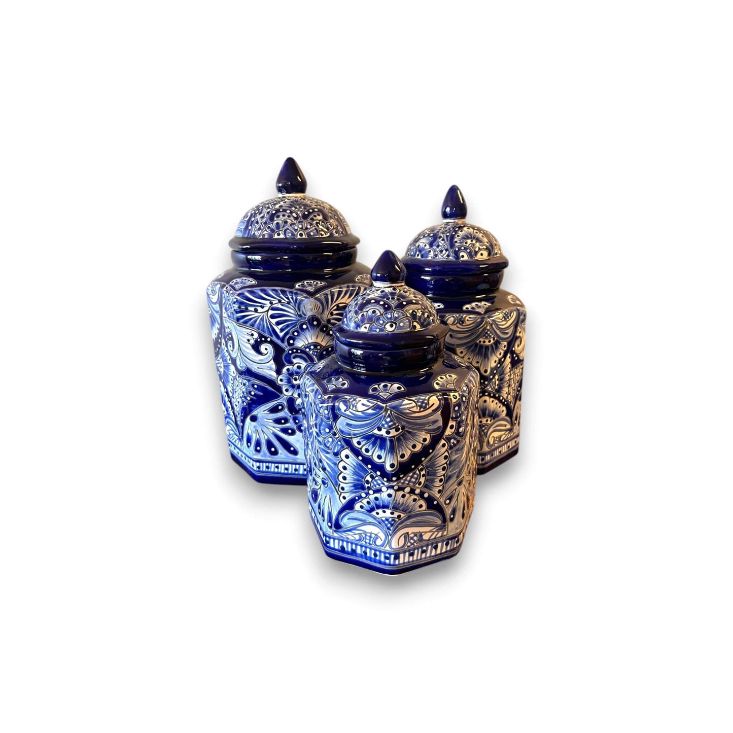 Talavera Blue & White Canister Set | Mexican Handmade Pottery - three hand-painted blue and white Talavera ceramic canisters