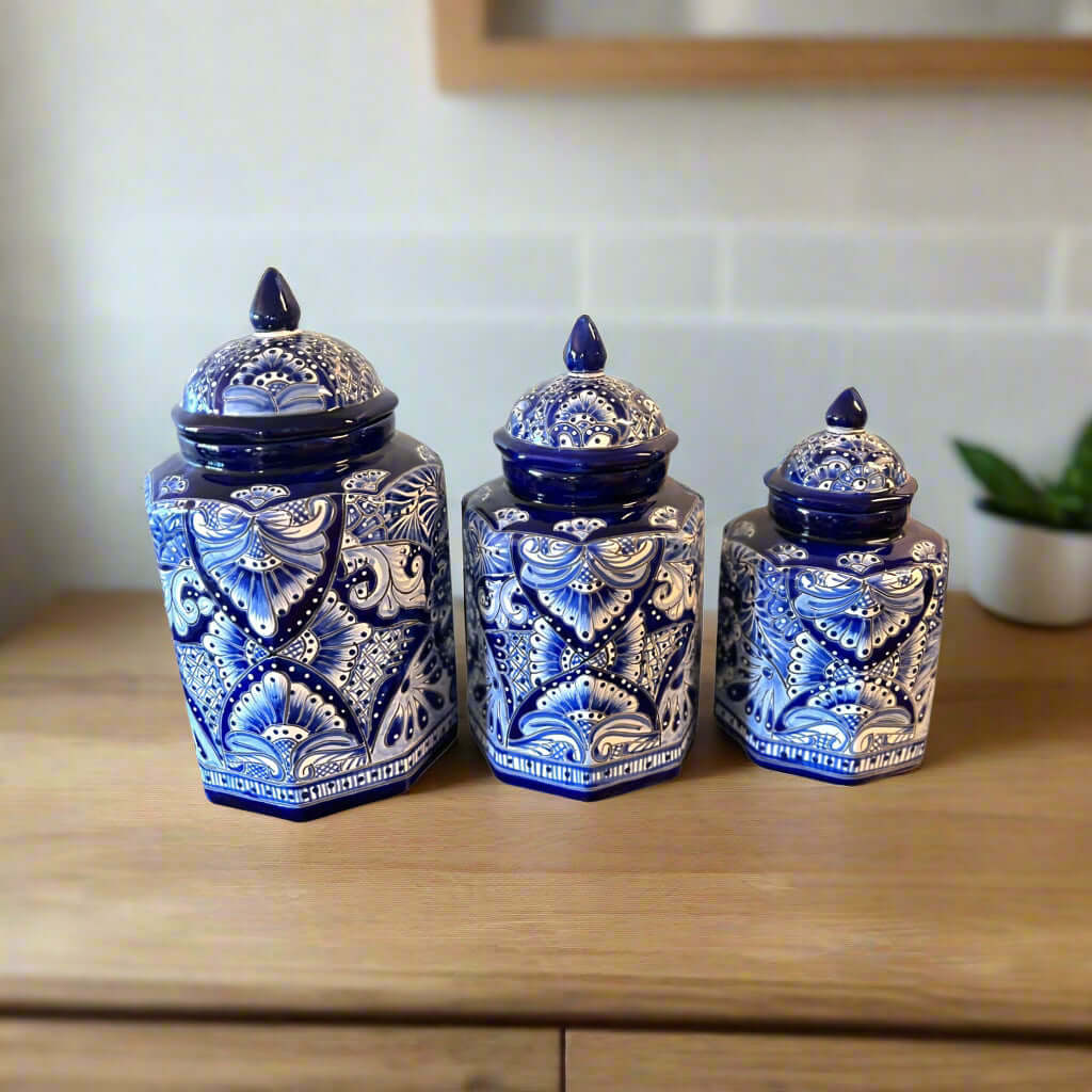 Talavera Blue & White Canister Set | Mexican Handmade Pottery - handcrafted blue and white Talavera canisters set displayed on wooden surface