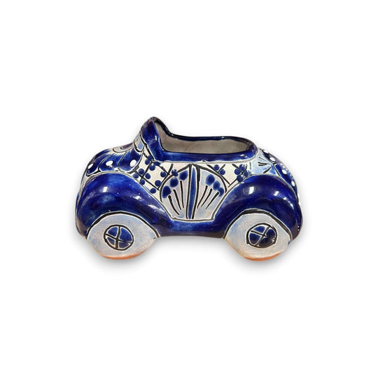 Talavera Car Planter | Small Blue & White Handmade Ceramic Pot - hand-painted Talavera car-shaped planter with blue floral motifs